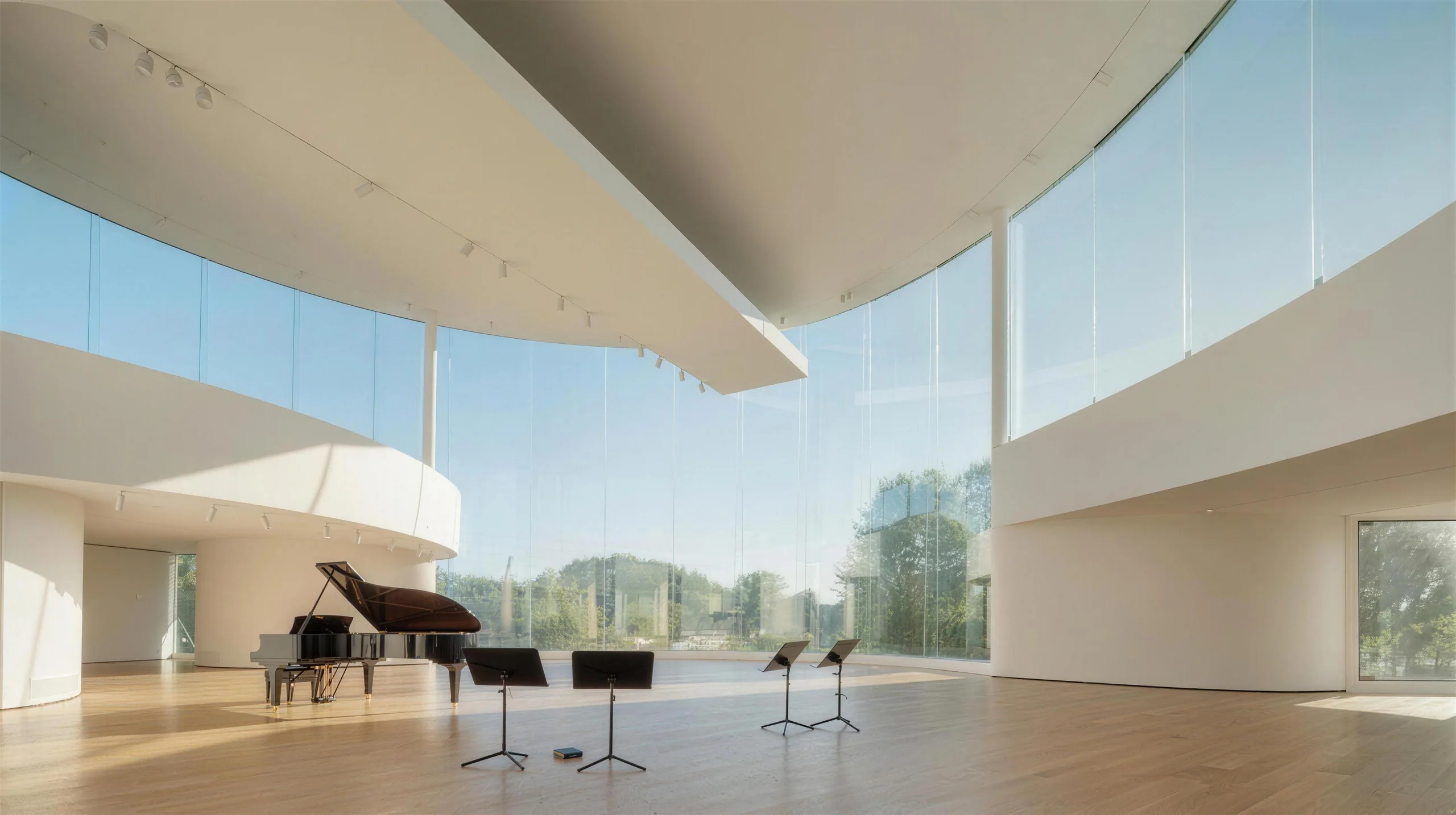 A bright modern concert hall in daylight — an empty light-wood stage with music stands and a grand piano beneath tall windows