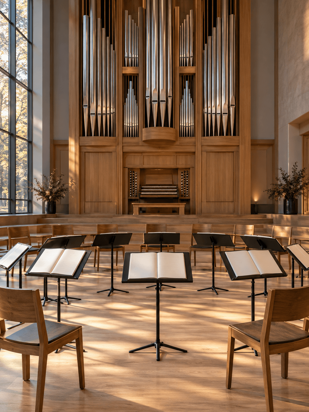 An empty recital hall prepared for a choral performance, with an organ and music stands